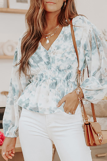 Sky Blue V Neck Tie Dye Peplum Top