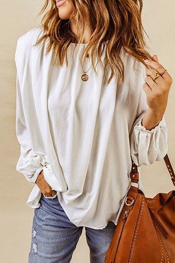 White Crew Neck Billowy Sleeve Blouse