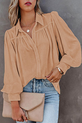 Khaki Solid Button-Up Loose Long Sleeve Shirt