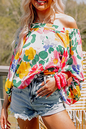 White Water Painting Flowers Puff Sleeve Blouse