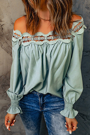 Green Lace Hollow Out Scalloped Neck Blouse