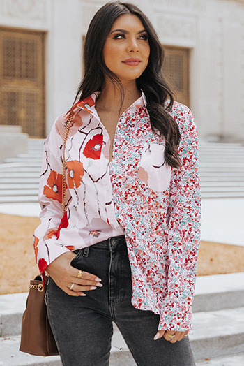 Red Floral Patchwork Buttoned Shirt with Pocket