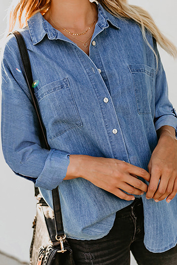 Turn Down Collar Buttoned Long Sleeve Denim Shirt