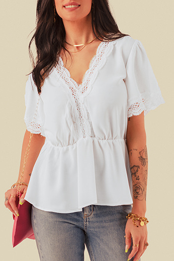 White Lace Splicing V Neck Short Sleeve Blouse