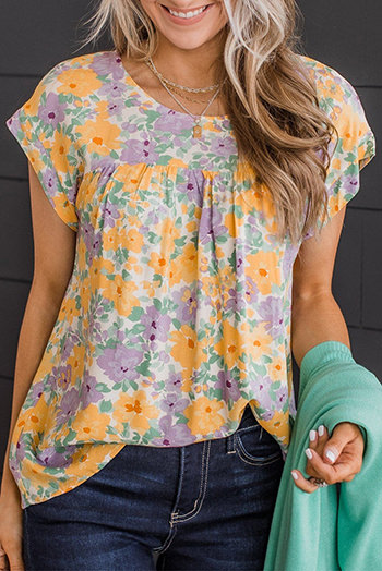 Yellow Floral Print Keyhole Back Short Sleeve Babydoll Blouse