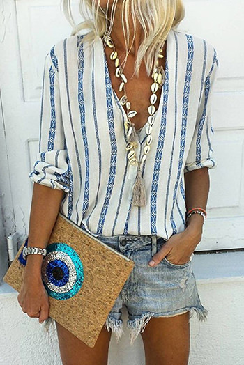 Sky Blue V Neck Striped Button Down Blouse