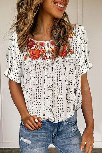 White Floral Embroidered Ethnic Printed Crinkle Blouse