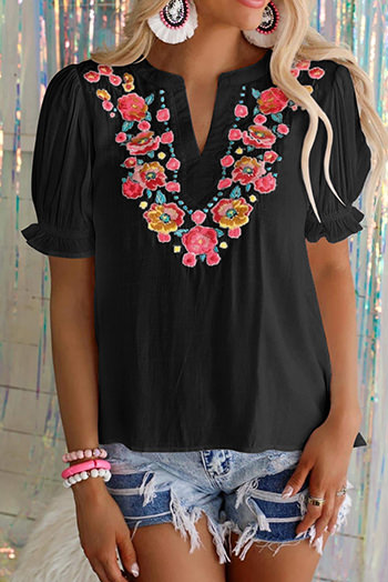 Black Floral Embroidered Ruffled Puff Sleeve Blouse