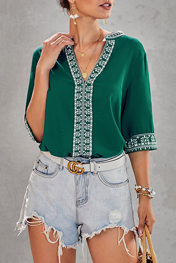 Green Chic Boho V Neckline Half Sleeve Blouse