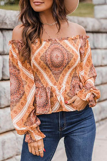 Orange Printed Ruffled Smocked Off Shoulder Blouse