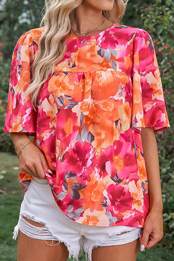 Red Floral Print Wide Sleeve Blouse