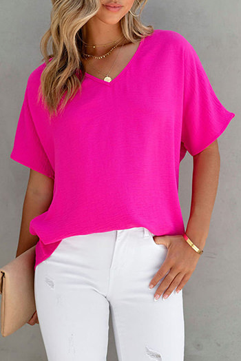 Rose Solid V Neck Short Sleeve Blouse