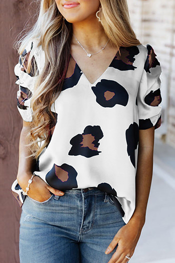 White Ruched Short Sleeve Leopard Print Blouse