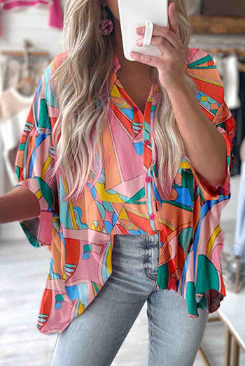 Multicolor Abstract Geometry Print Half Puff Sleeve Loose Shirt