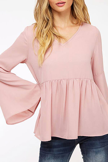 Pink V Neck Bell Sleeve Back-Tie Ruffled Blouse