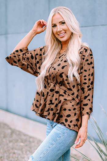 V Neck Leopard Print Peplum Blouse