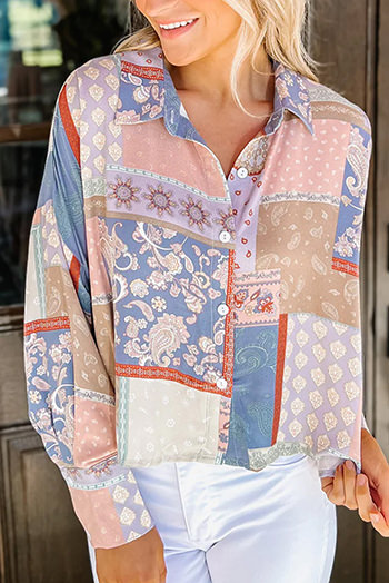 Multicolor Mixed Boho Print Puff Sleeve Loose Shirt