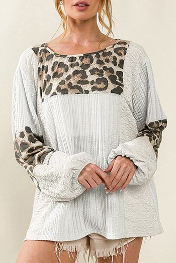 White Leopard Patch Puff Sleeve Textured Blouse