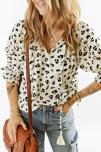 Beige Leopard Print Frilled Half Sleeve Blouse with Tassel Tie