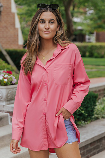 Pink Solid Color Long Sleeve Oversized Tunic Shirt