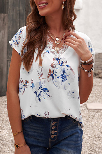 White White/Apricot Floral Scalloped V Neck Short Sleeves 