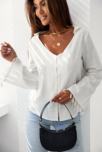 White V Neck Buttoned Tassel Bell Sleeve Shirt