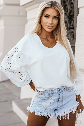 White V Neck Embroidered Patchwork Puff Sleeve Blouse