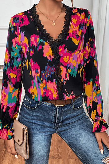 Black Abstract Printed Flounce Sleeve Lace V Neck Blouse