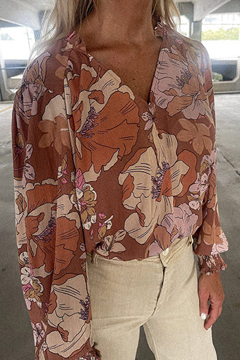 Brown Frilled V Neck Bubble Sleeve Floral Blouse