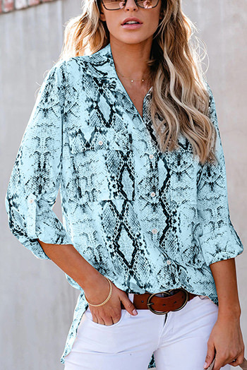 Blue Wild Snake Print Shirt with Pockets