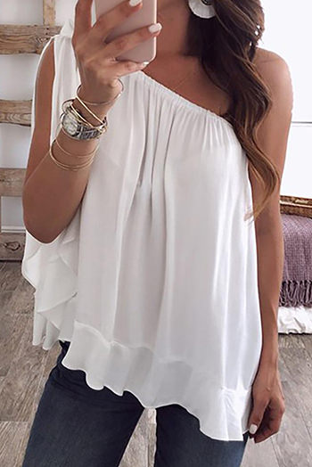 White One Shoulder Sleeveless Ruffle Chiffon Top