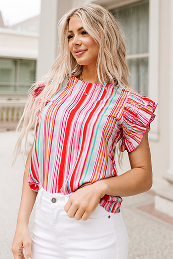 Stripe Abstract Print Stitching Ruffle Sleeve Blouse