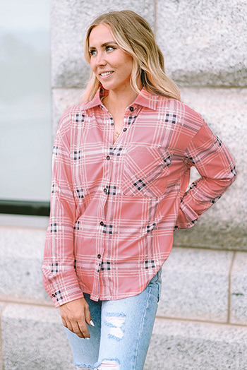 Pink Button Front Plaid Print Shirt