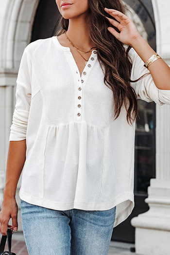 White Waffle Knit Half Button Henley Top