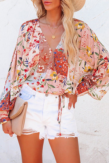 Multicolor Floral Print Patchwork Wrap V Neck Blouse