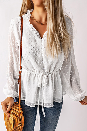 White Swiss Dot Buttoned Drawstring Peplum Blouse