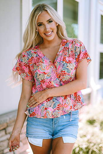 Fiery Red Surplice V Neck Floral Print Flutter Peplum Blouse