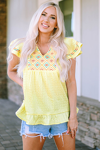 Yellow Geometric Embroidery Textured Top with Ruffles