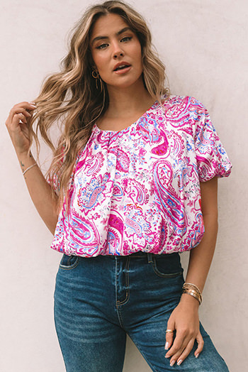 Paisley Pattern Print Puff Sleeve V Neck Blouse