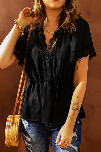 Black Lace Splicing V Neck Short Sleeve Blouse