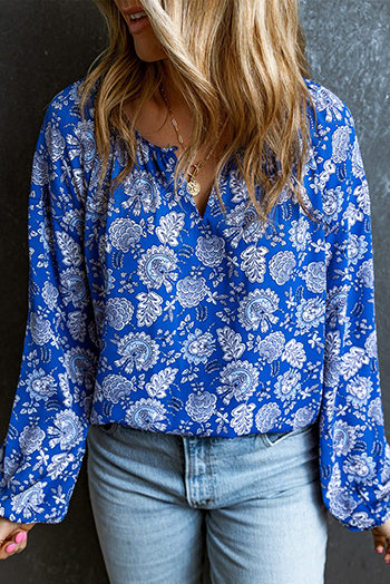 Blue Floral Notched V Neck Long Sleeve Blouse