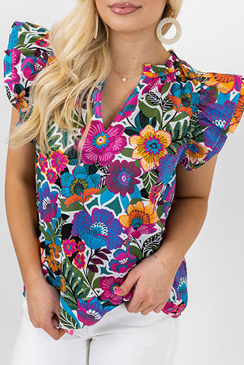 Multicolor Ruffled Flutter Sleeve Floral Print Blouse