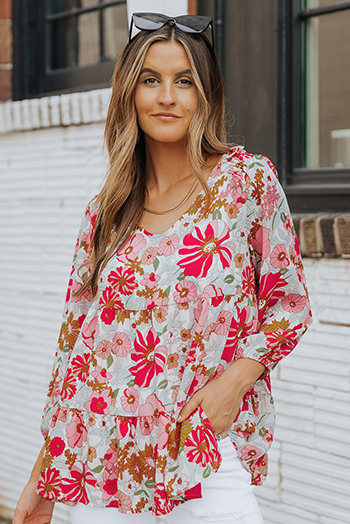 Floral Print Ruched V Neck Babydoll Blouse