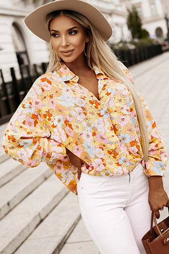 Yellow Floral Print Turn Down Collar Loose Shirt