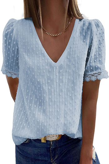 Sky Blue Swiss Dot Lace V Neck Shirt