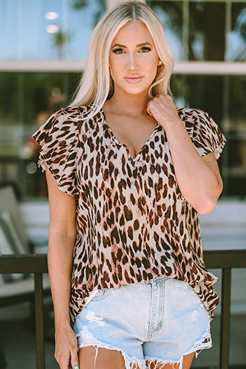 Brown Flutter Sleeves Leopard/Abstract Print V Neck Top