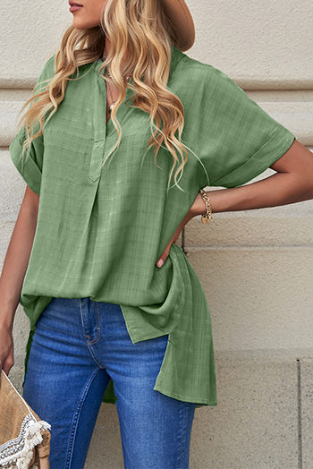 Green Plaid Print Loose V Neck Short Sleeve Shirt with Slits