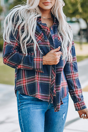 Plaid Button Pocket Long Sleeve Asymmetric Shirt