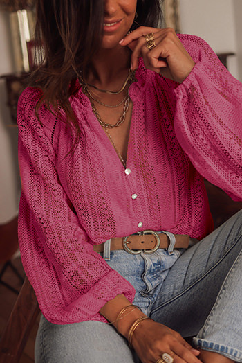 Rose V Neck Long Sleeve Button Up Lace Shirt