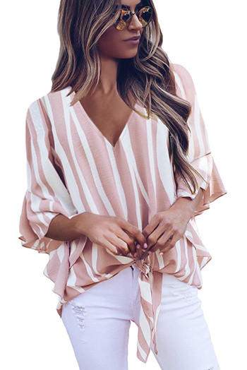 Pink Vertical Stripes V Neck 3/4 Sleeve Blouse